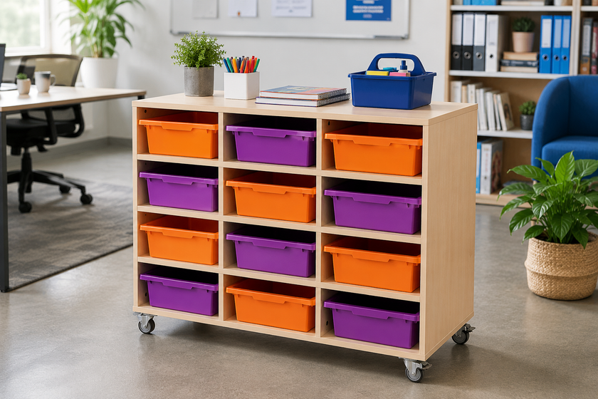 Office trolley with colourful storage trays in a bright classroom workspace for organising books, stationery and shared supplies.