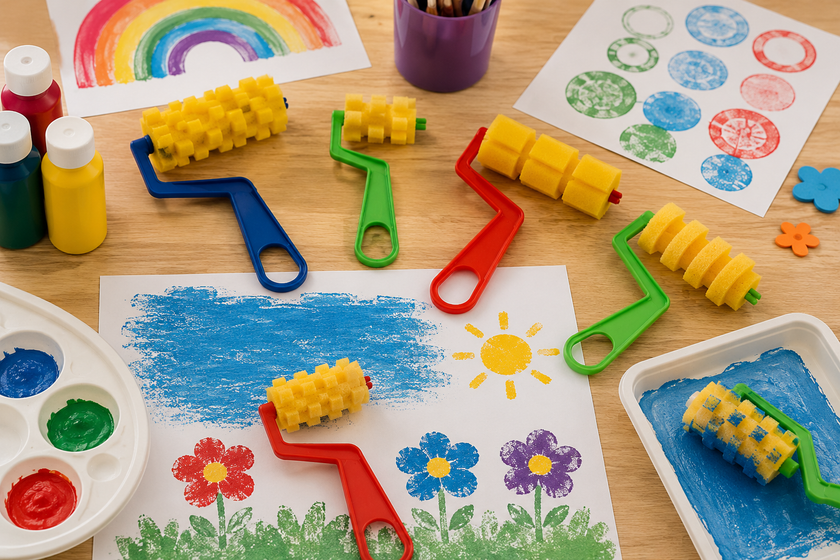 Craft painting rollers arranged on a classroom art table with paint, paper and colourful roller artwork for hands-on school and creative projects.