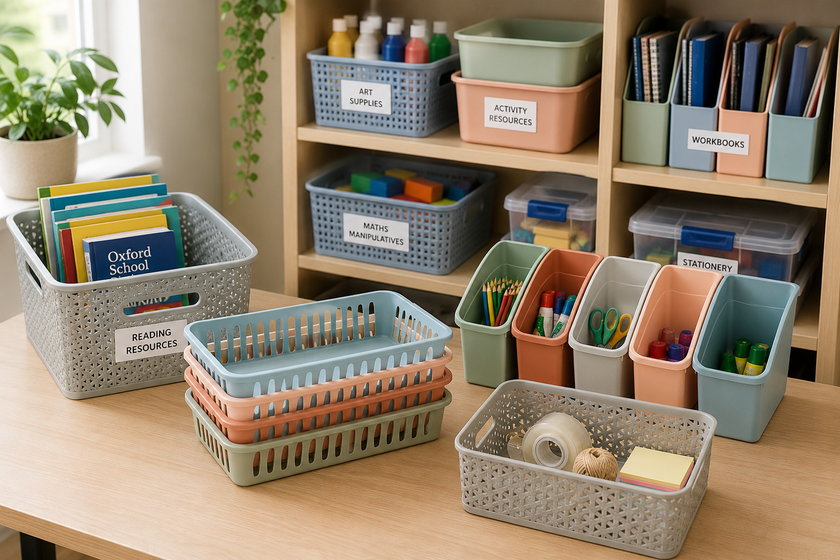 Plastic tubs and tote trays arranged in a bright classroom storage area with stationery, books and activity supplies.