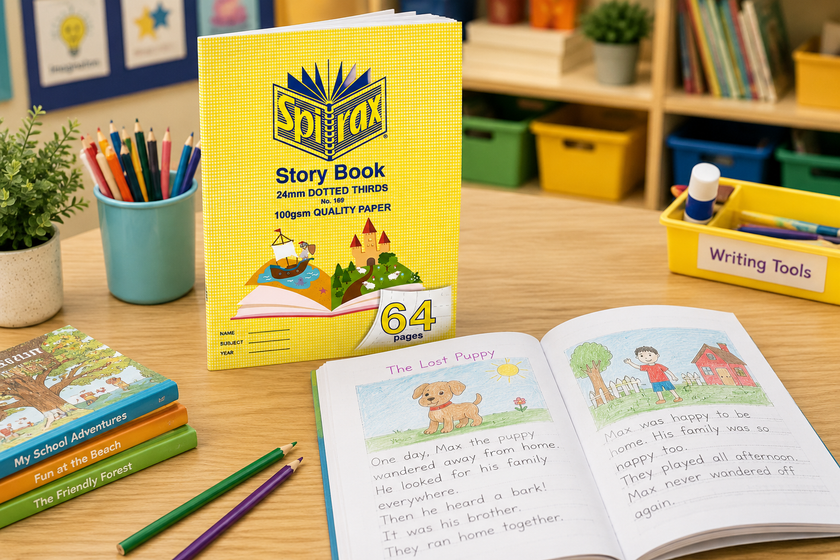 Story books arranged on a classroom desk with pencils, student writing, illustrations and creative literacy supplies.