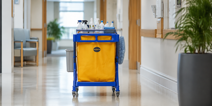 Commercial cleaning cart with bottles, cloths and supplies in a clean hospital or aged care facility corridor