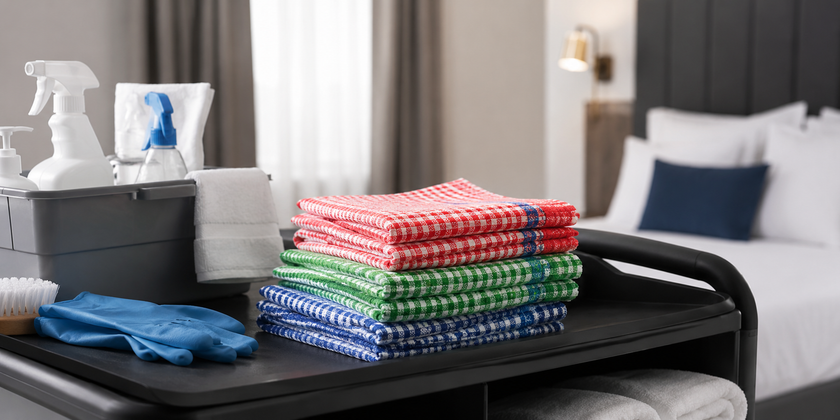 Folded red, green and blue check cleaning cloths on a hotel housekeeping cart with gloves and cleaning supplies