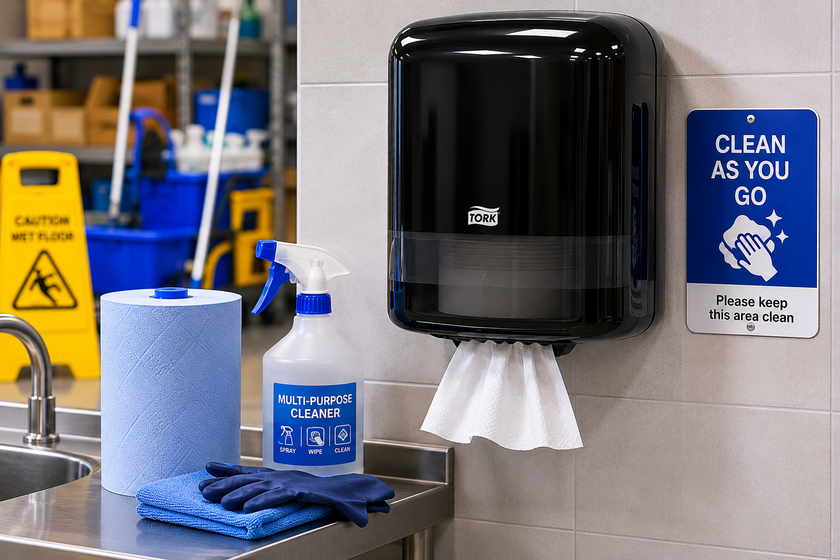 Centrefeed roll dispenser mounted in a commercial cleaning station with paper roll, spray cleaner, gloves and sink nearby.