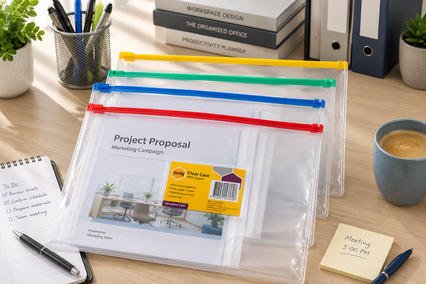 Clear document cases with coloured zipper closures arranged on a bright office desk with project papers, stationery and coffee for protected paperwork storage.