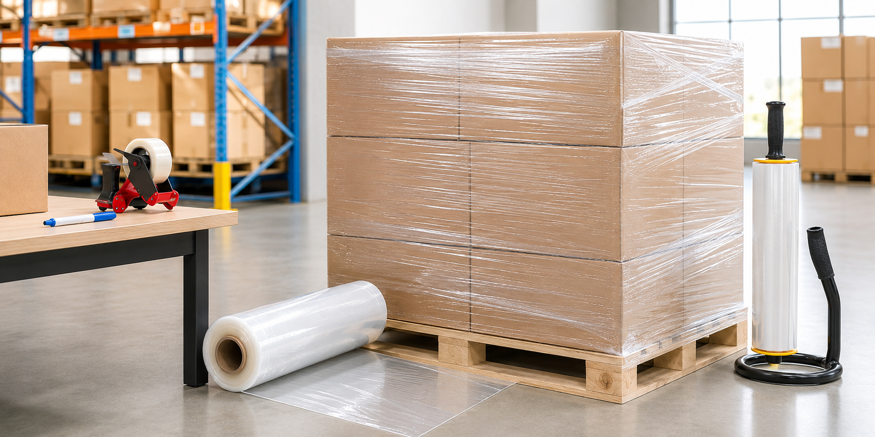 Clear pallet wrap securing stacked cartons on a wooden pallet in a bright, organised warehouse packing area.