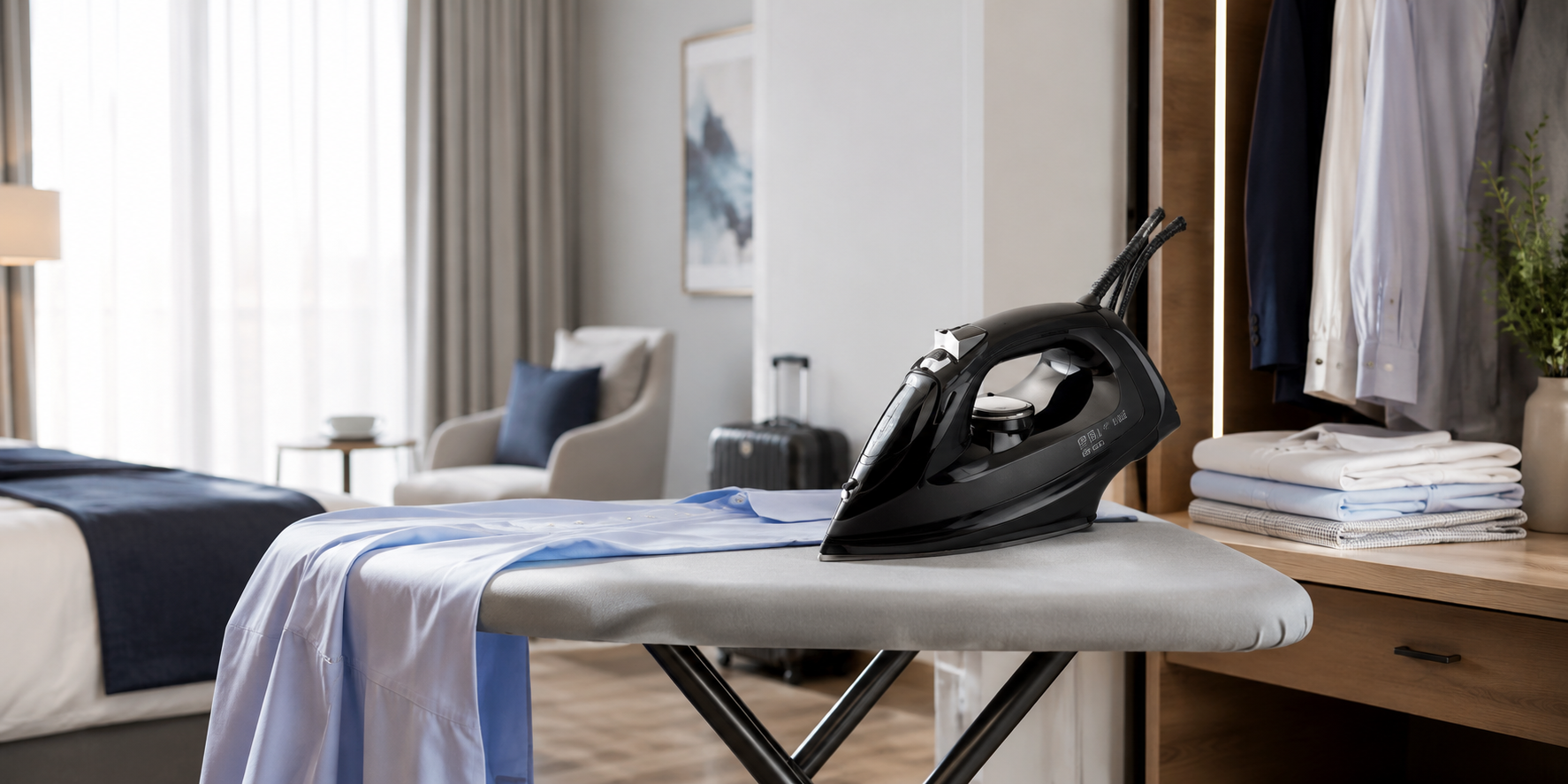 Premium black clothing iron on an ironing board in a modern hotel guest room with neatly pressed shirts and wardrobe storage