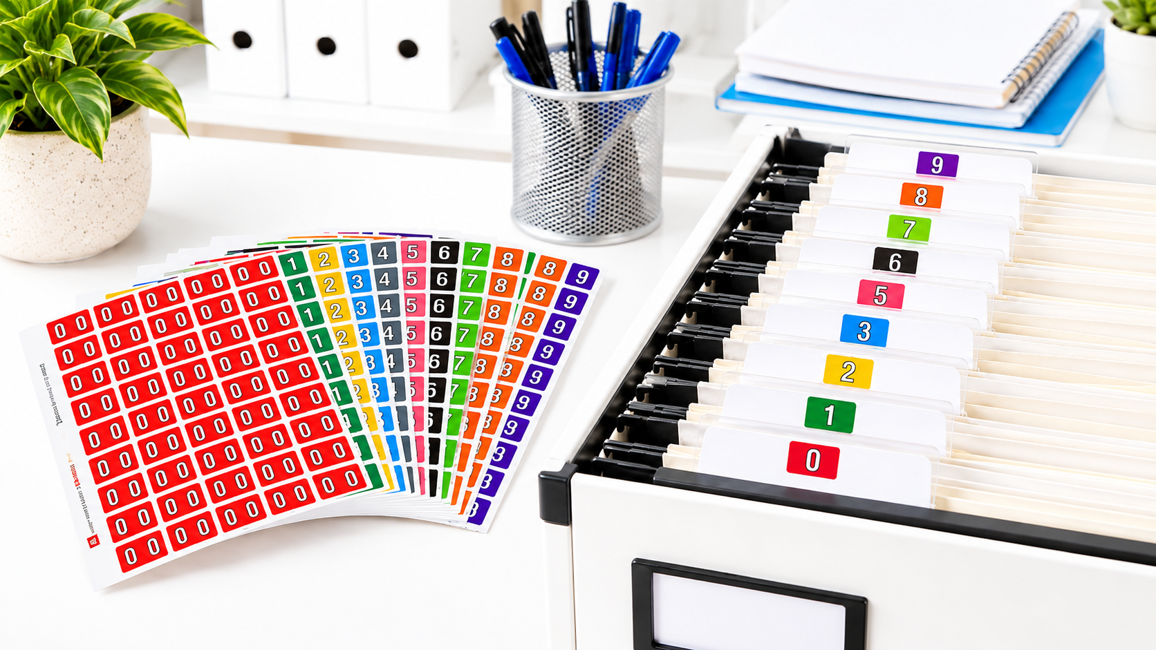 Colour-coded lateral filing labels displayed beside numbered file folders in a bright, organised office filing system.