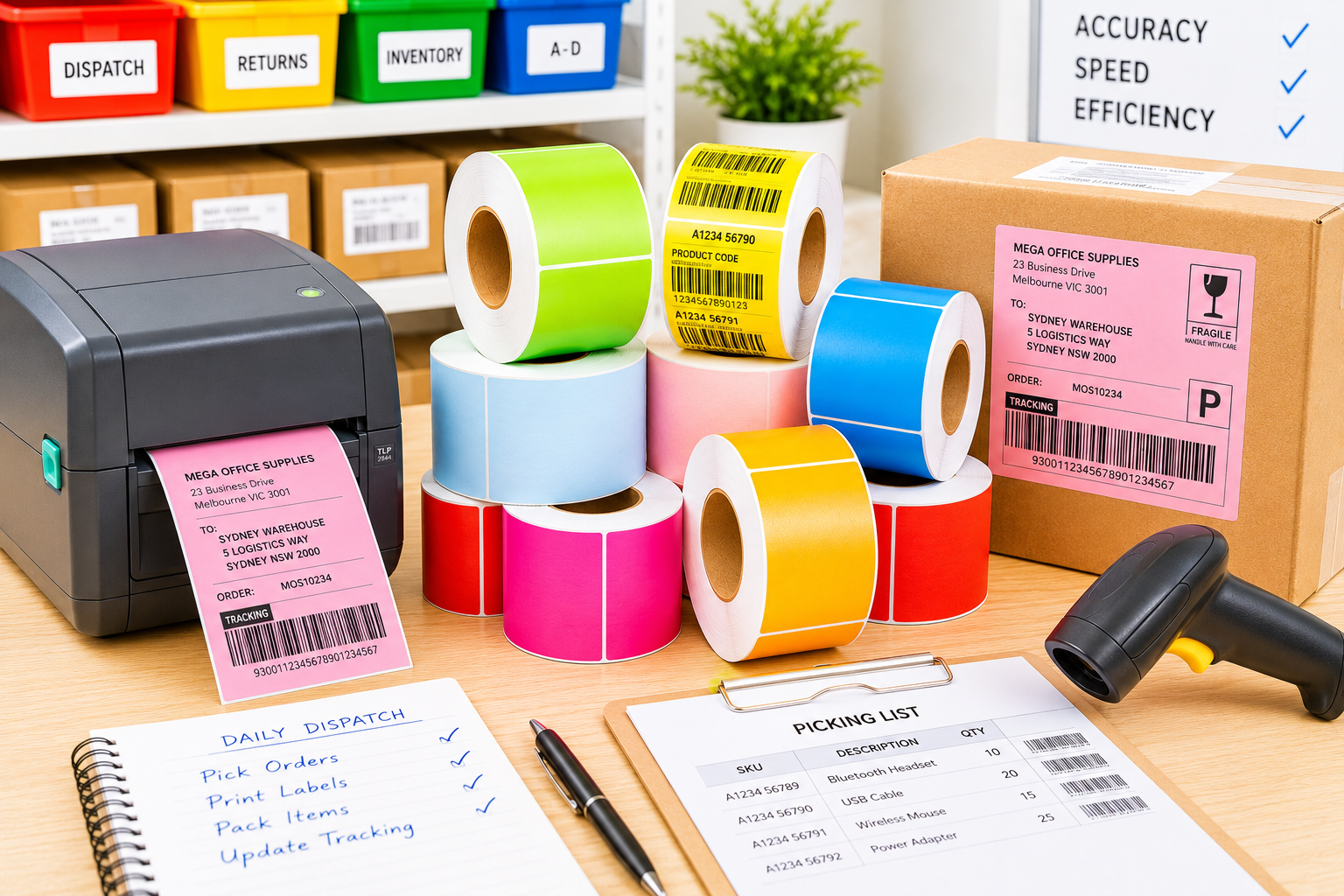 Bright colour thermal label printing station with pink labels printing from a desktop printer, coloured label rolls, barcode scanner, cartons and dispatch paperwork.