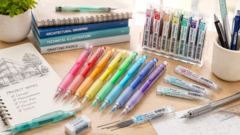 Colour pencil leads and mechanical pencils arranged on a bright drafting desk with project notes, technical sketches, ruler and eraser.