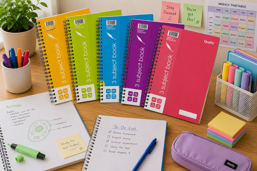 Colourful subject books arranged on a tidy study desk with class notes, timetable, stationery and school planning supplies.
