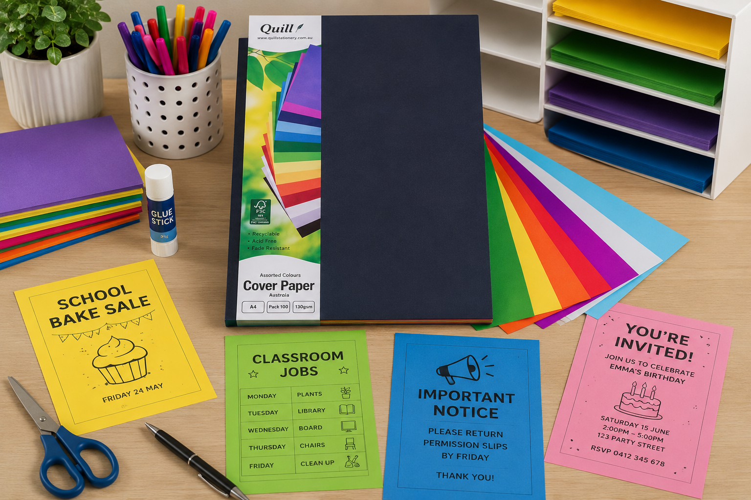 Coloured cover paper on a bright workspace with printed notices, craft sheets, markers and paper storage for school and office displays.