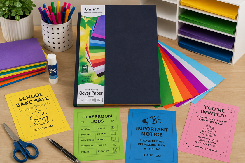 Coloured cover paper on a bright workspace with printed notices, craft sheets, markers and paper storage for school and office displays.