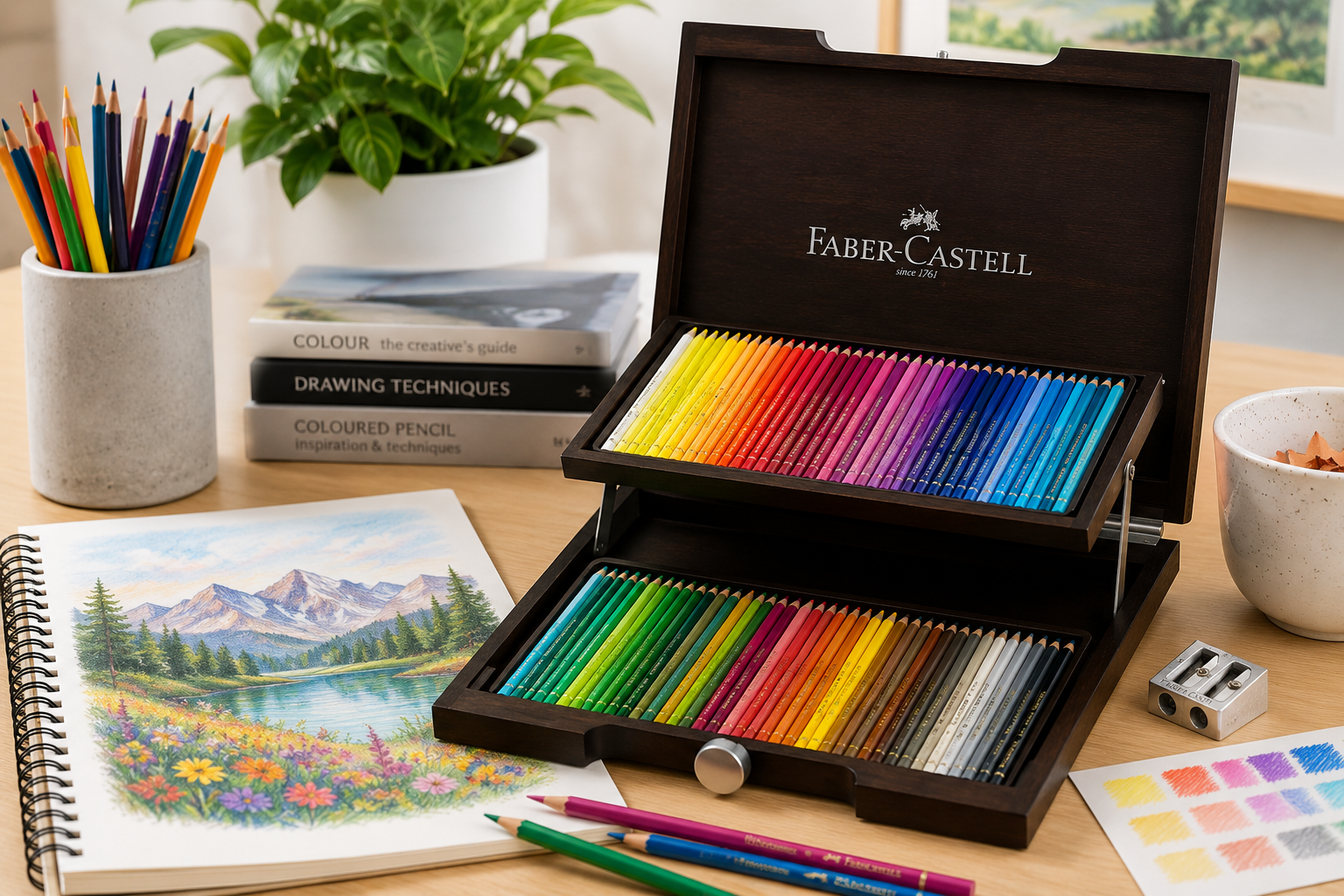 Coloured pencils in an open artist set with a detailed drawing on a bright white creative studio desk.