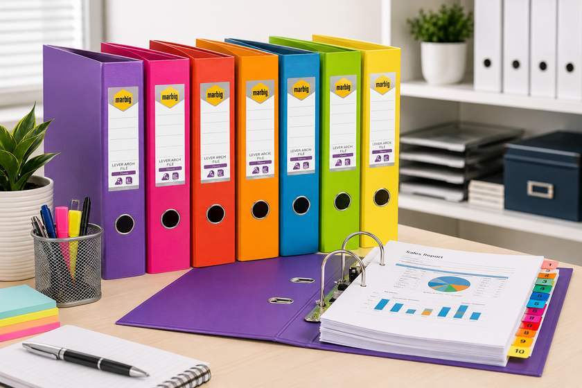 Colourful office binders arranged on a clean desk with dividers, reports and stationery for organised document filing and storage.