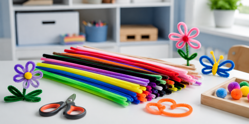 Bright chenille stems laid out on a classroom craft table with scissors and simple handmade flower and butterfly shapes in a fun creative learning space.