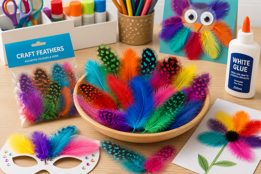 Colourful craft feathers arranged on a bright creative workspace with classroom craft supplies, masks and decorative project materials.