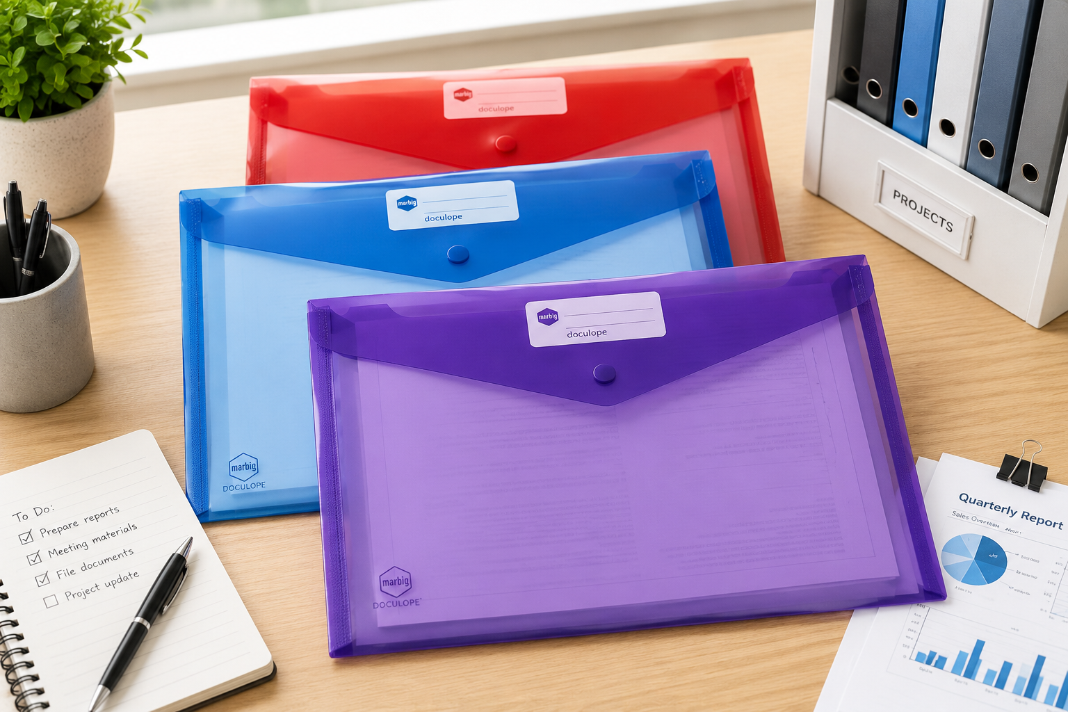Colourful Doculopes arranged on a bright office desk with project papers, reports and stationery for protected document filing and presentation.