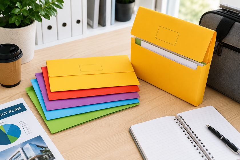 Colourful document wallets on a bright office desk with paperwork, notebook, pen and work bag for portable document organisation.