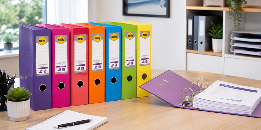 Colourful lever arch binders arranged on a modern office desk with documents, stationery and shelving for organised workplace filing.