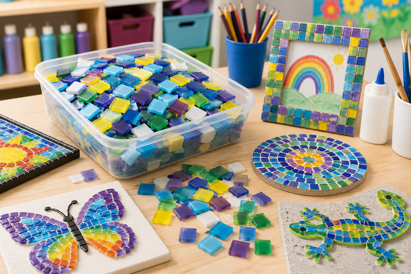 Craft mosaic tiles in a bright classroom art workspace with colourful mosaic projects, pencils, glue and creative supplies.