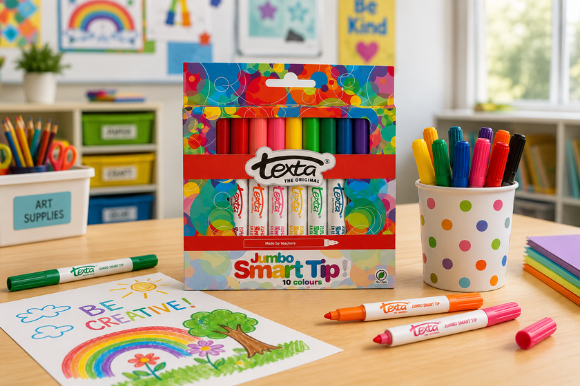 Colouring markers displayed on a bright classroom art desk with creative drawings, paper, art supplies and organised classroom storage.