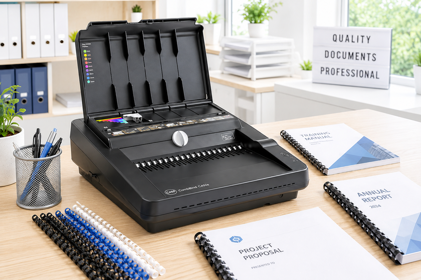 Comb binding machine arranged on a bright modern office desk with plastic binding combs, finished manuals and professional reports.