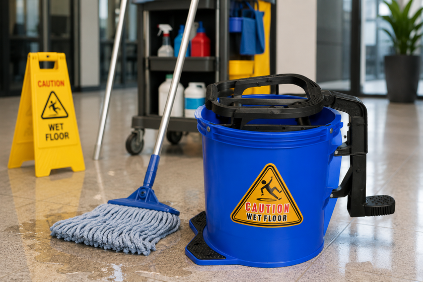 Blue mop bucket in a commercial floor cleaning area with mop, wet floor sign and cleaning supplies.