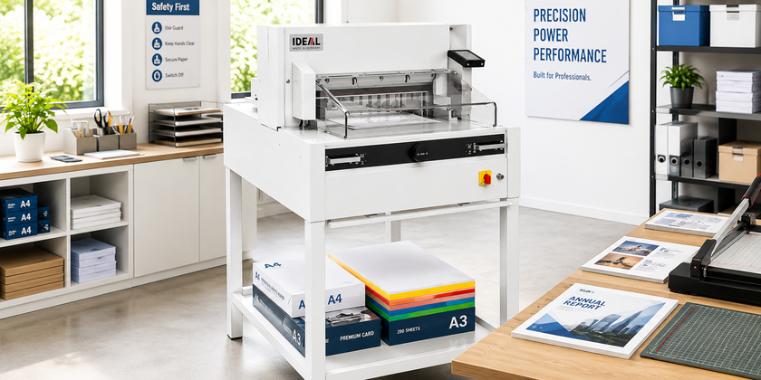 Commercial paper cutter in a bright landscape print room setting with stacked paper, cutting tools and professional document finishing supplies.