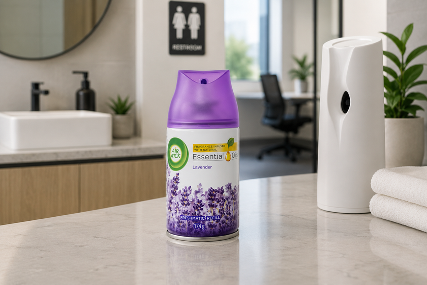Air freshener refill on a clean commercial restroom bench with automatic dispenser, towels and office washroom setting.