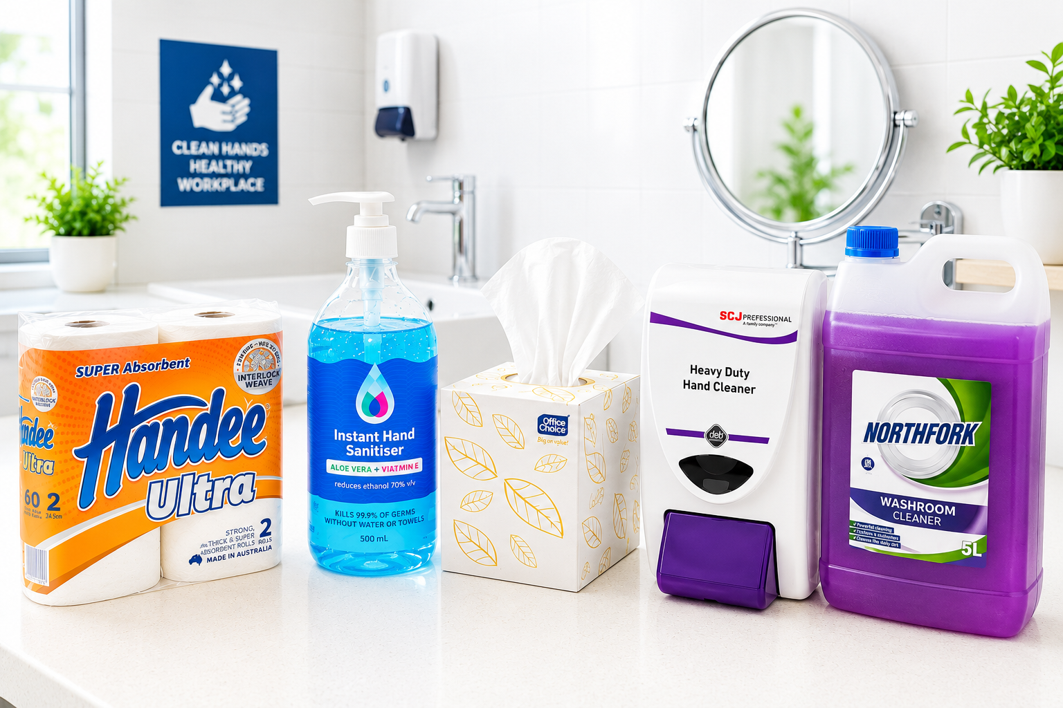 Washroom hygiene supplies including paper towel, hand sanitiser, facial tissues, hand cleaner and bulk washroom cleaner on a bright commercial vanity.