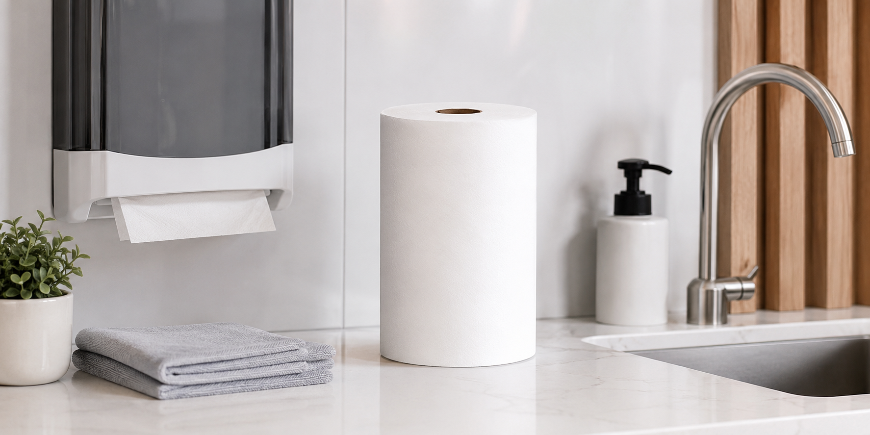 Compact paper towel roll and wall dispenser on a clean office washroom or staff kitchen counter with a sink, cloth and modern accessories.