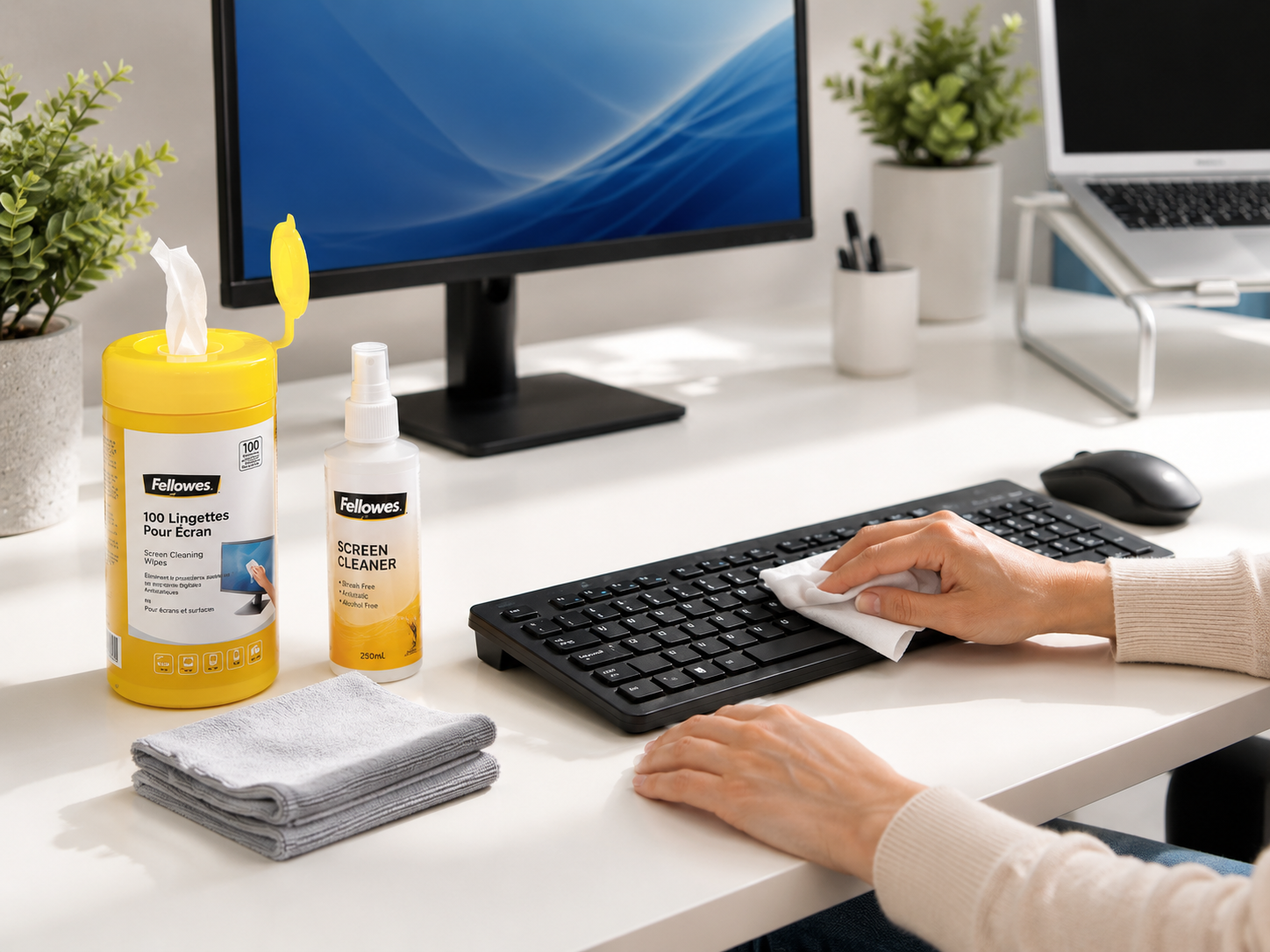 Computer cleaning accessories on a bright office desk with wipes, screen spray and cloths beside a keyboard and monitor.