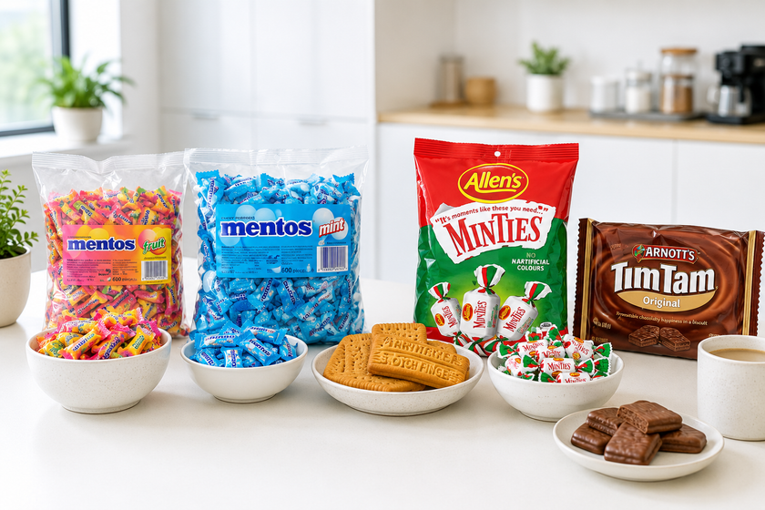 Popular office biscuits, mints and confectionery displayed on a bright white breakroom counter in a modern workplace kitchen with natural light.