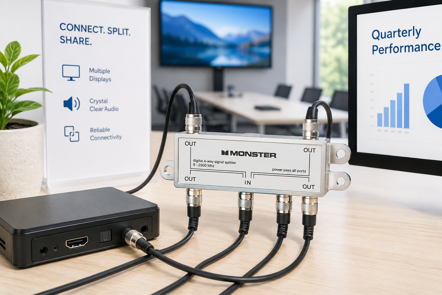 Audio and video splitter arranged on a bright conference room desk with connected cables, display screen and AV presentation equipment.