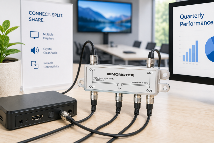 Audio and video splitter arranged on a bright conference room desk with connected cables, display screen and AV presentation equipment.
