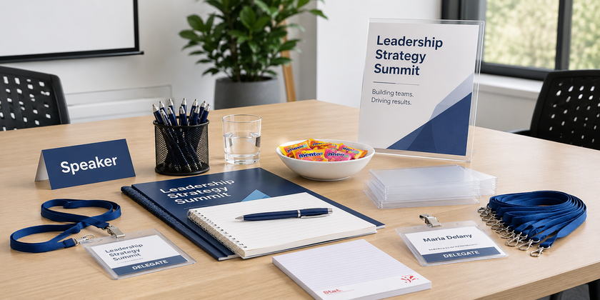 Conference supplies arranged on a modern meeting table with name badges, lanyards, notebooks, pens, signage and attendee refreshments for a professional seminar.