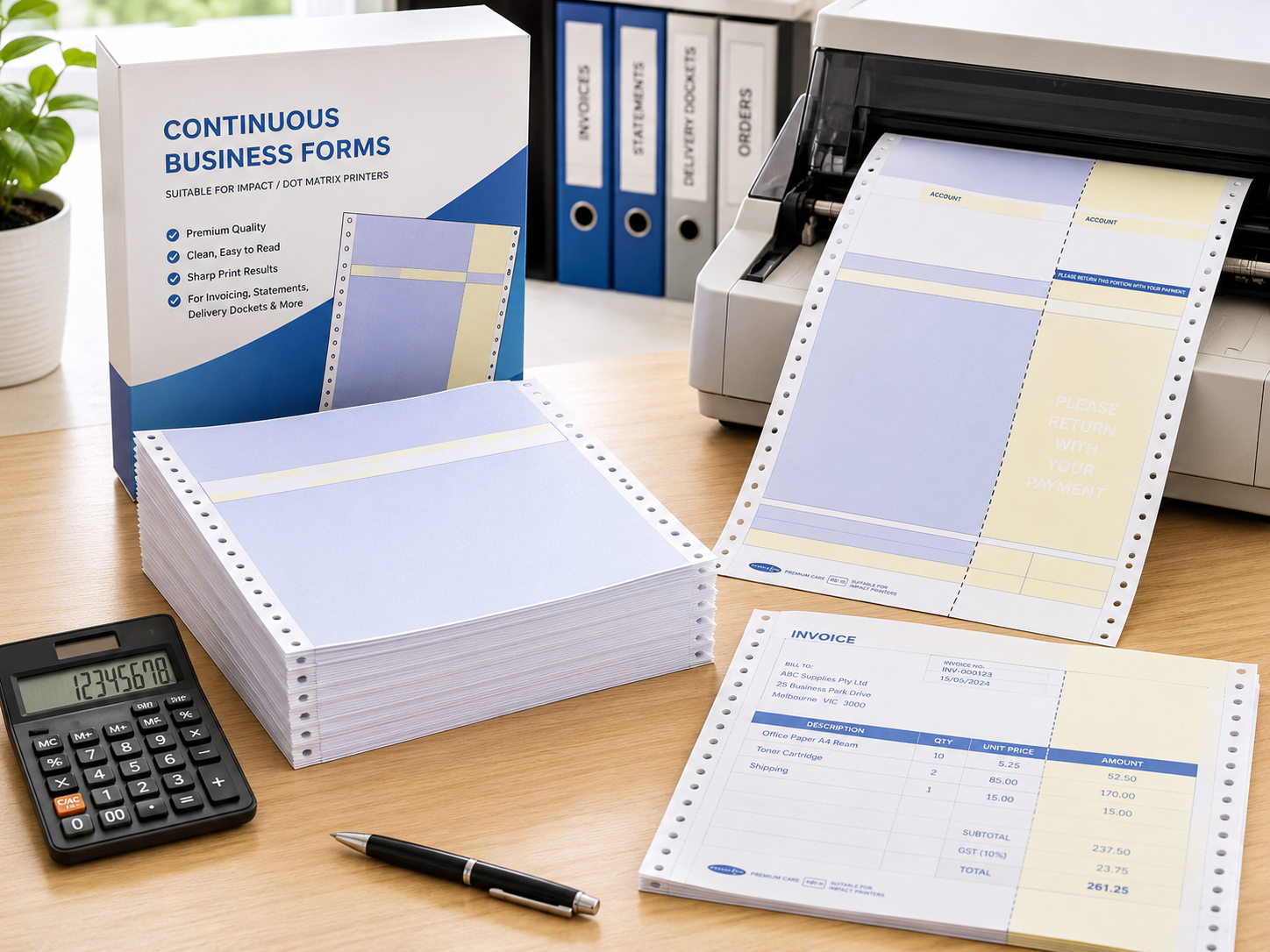 Continuous business forms displayed on a bright office desk with a compatible printer, invoice forms, calculator and admin supplies for record keeping.