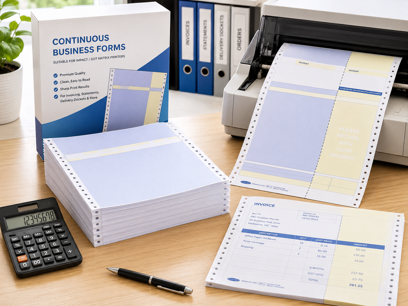 Continuous business forms displayed on a bright office desk with a compatible printer, invoice forms, calculator and admin supplies for record keeping.