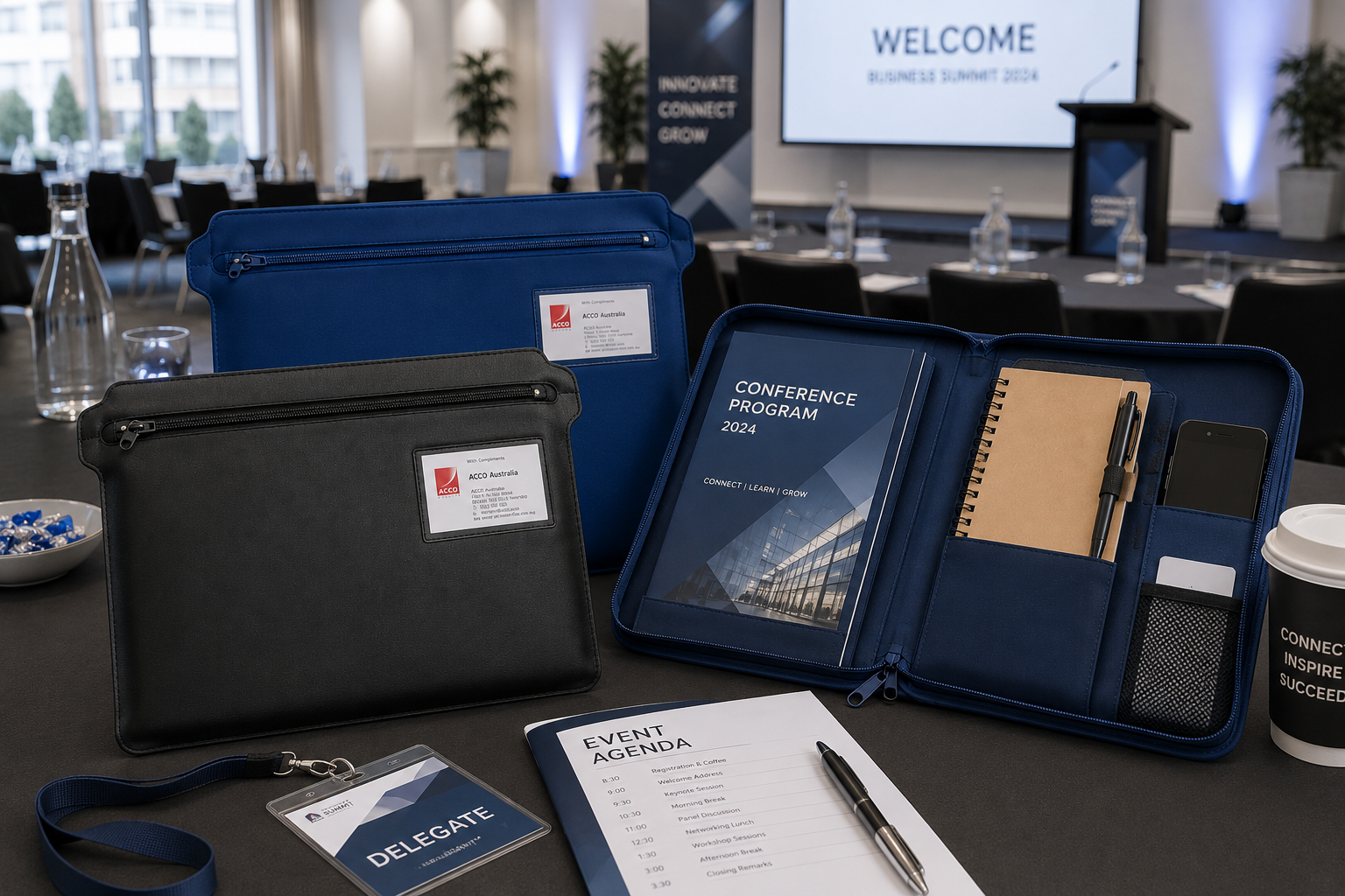 Convention cases arranged on a conference centre registration table with delegate badge, event agenda, program guide and meeting room setup.
