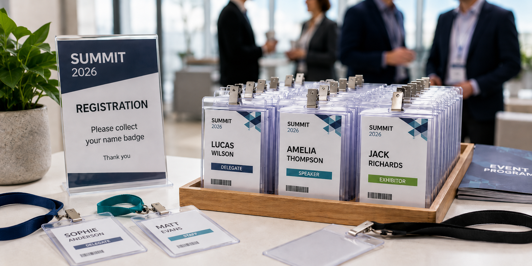 Convention card holders displayed at an event check-in desk for name badges, access cards and professional identification.