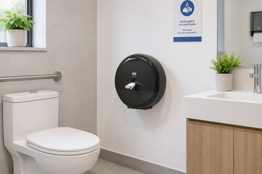 Conventional toilet roll dispenser mounted in a bright modern washroom beside a toilet and vanity for restroom hygiene.