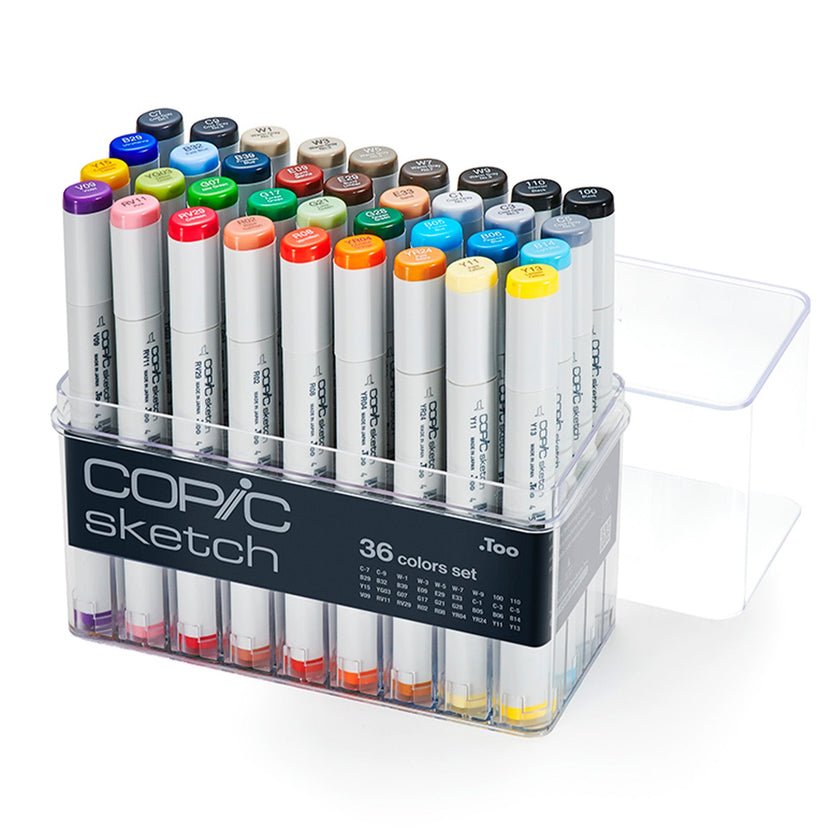 Copic Sketch 36 colour marker set standing in an open clear acrylic case, with brights, earth tones and greys