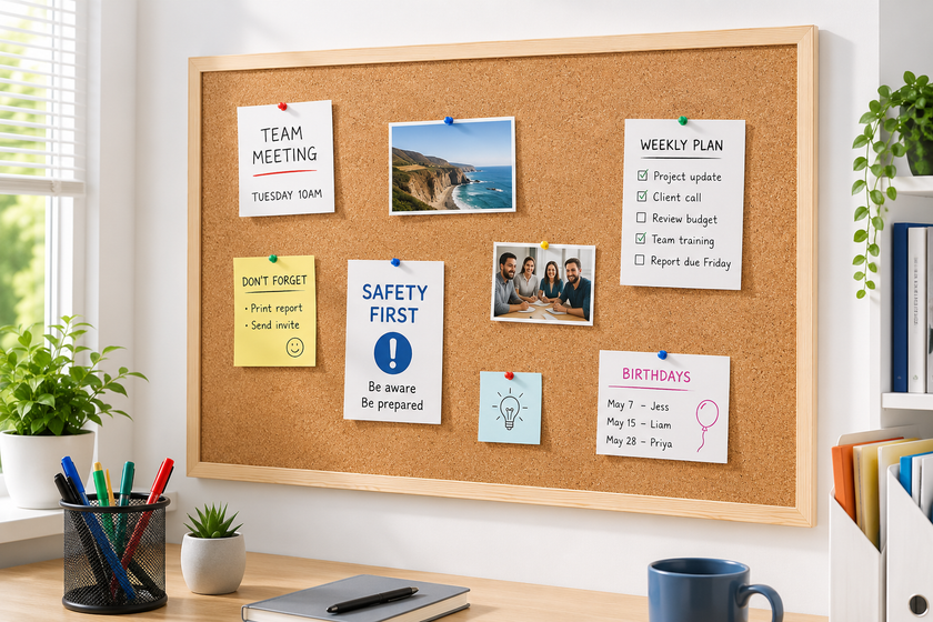 Cork board mounted in a bright office workspace with pinned notices, reminders, photos and weekly planning notes.