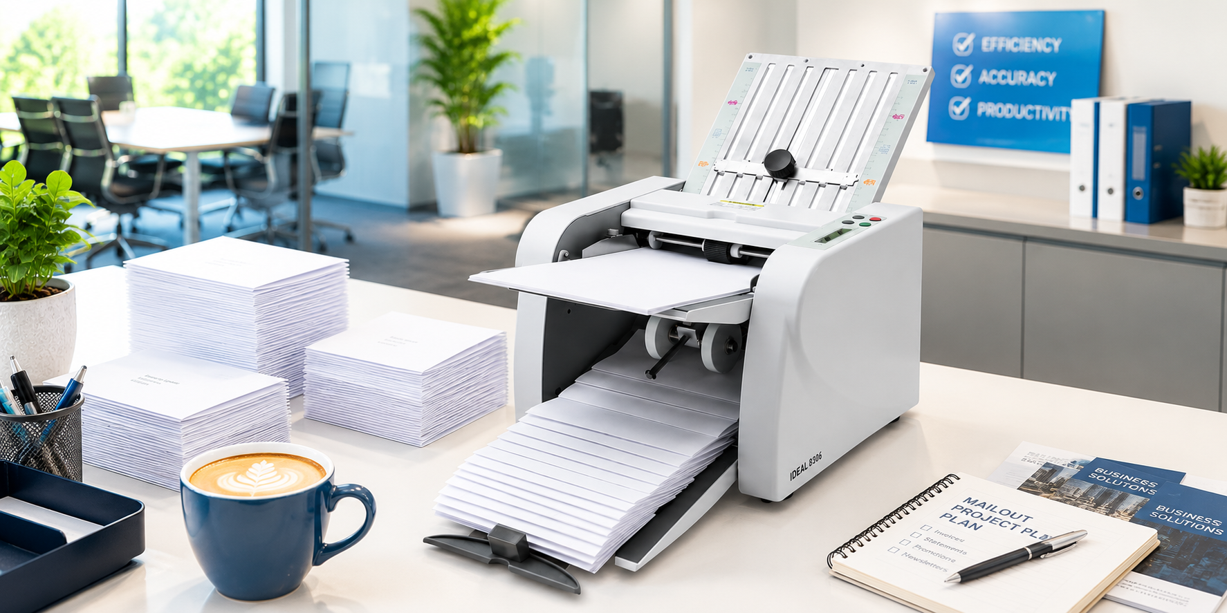 Paper folding machine in a bright corporate office mailroom with stacked documents and coffee with crema on a clean workstation.