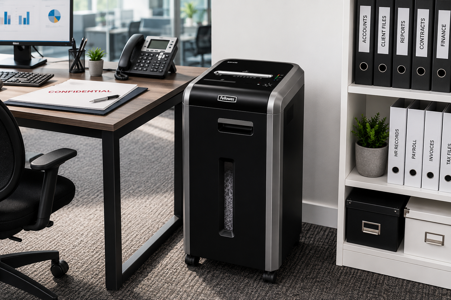 Micro cut paper shredder in a corporate office beside a workstation, confidential documents and organised filing shelves.