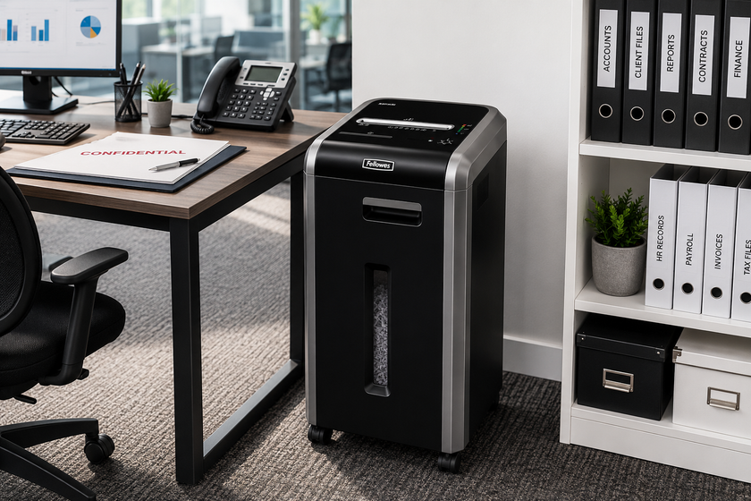 Micro cut paper shredder in a corporate office beside a workstation, confidential documents and organised filing shelves.