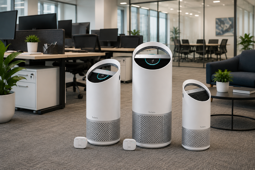 Trusens air purifiers arranged in a modern corporate office with workstations, meeting room and lounge seating nearby.