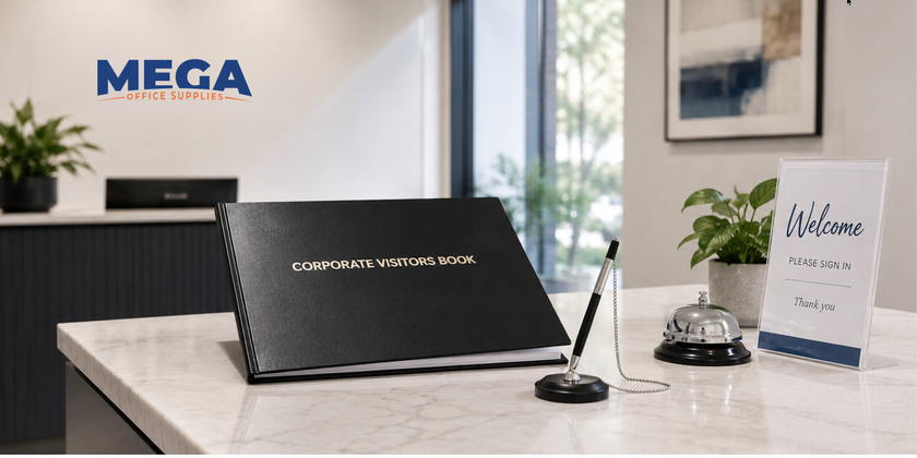 Corporate visitors book on a reception counter with sign in pen and welcome display.