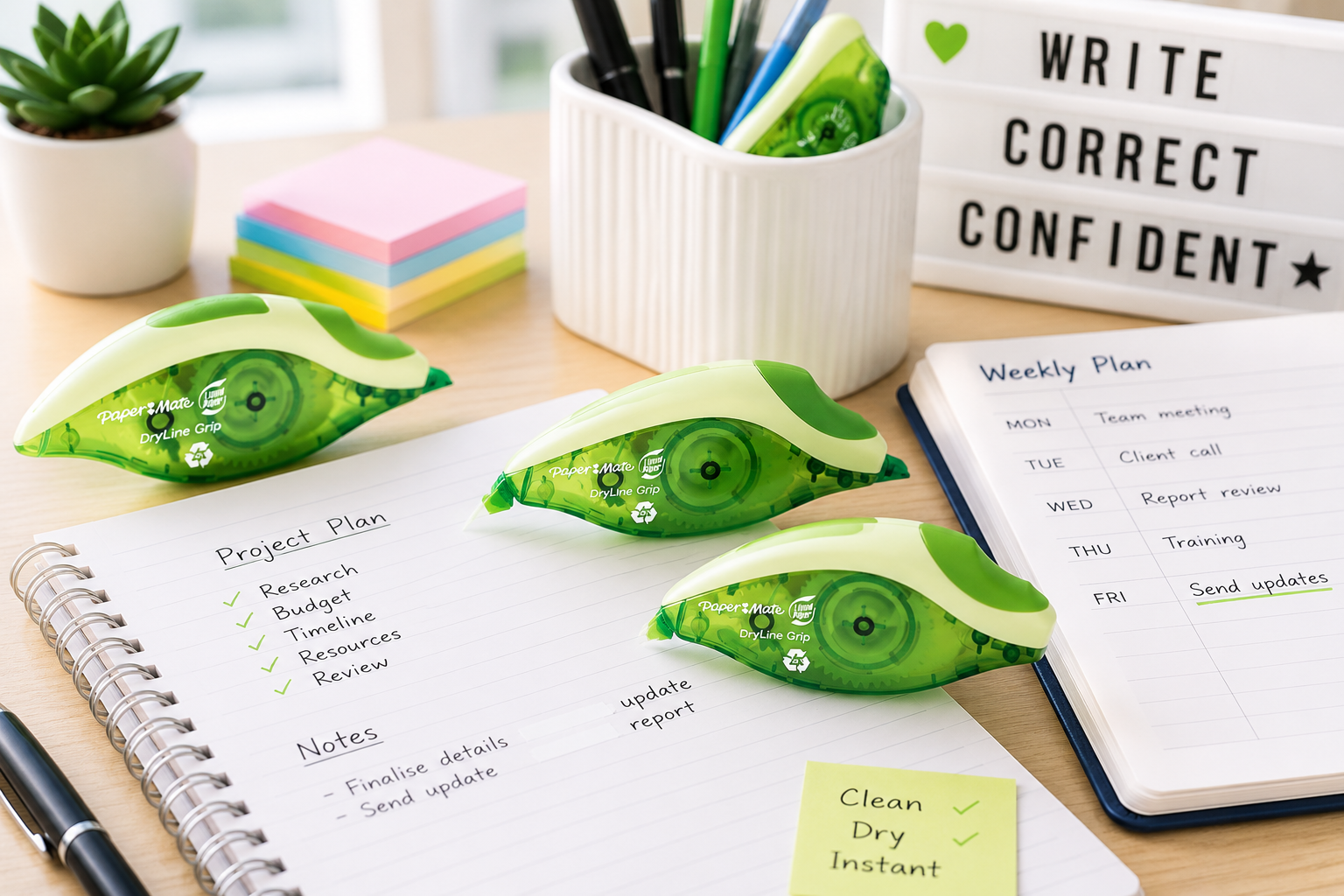 Correction tapes displayed on a bright study desk with notebooks, planner pages and stationery for clean instant paper corrections.