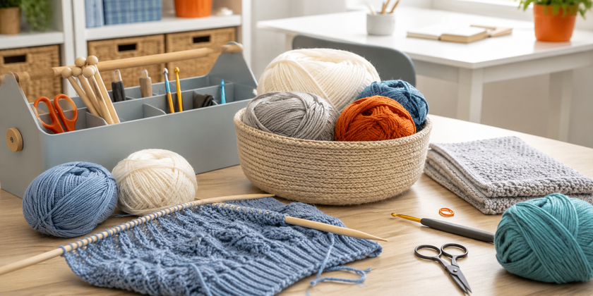 Premium lifestyle image of knitting craft supplies arranged on a light timber table with yarn balls, knitting needles, crochet hooks and folded knitted pieces in a bright craft workspace.